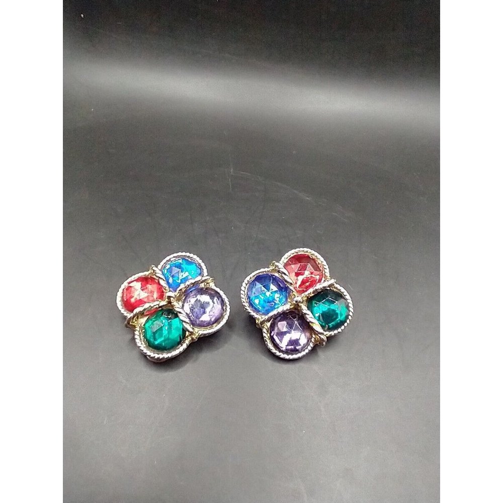 Vintage Earrings Gold tone Multi-Color Faux Faceted stones very shinny E1